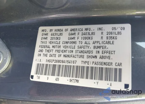2009 Honda Accord 2.4 Ex-L from USA, damaged, VIN 1HGCP26809A154167